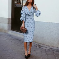 Women Fashion Elegant Dot Print V-Neck Mid-Sleeve Slim Fit Dress