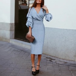 Women Fashion Elegant Dot Print V-Neck Mid-Sleeve Slim Fit Dress
