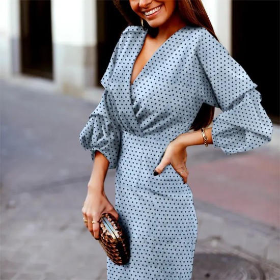 Women Fashion Elegant Dot Print V-Neck Mid-Sleeve Slim Fit Dress