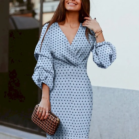 Women Fashion Elegant Dot Print V-Neck Mid-Sleeve Slim Fit Dress