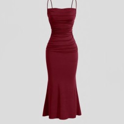 Women Fashion Sexy Solid Color Pleated Spaghetti Strap Slim Fit Dress