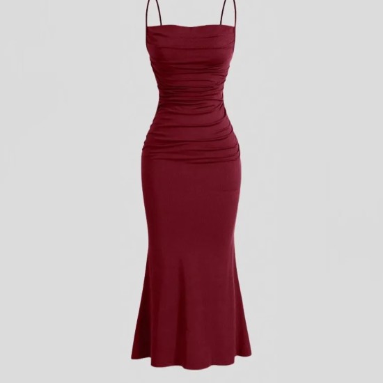 Women Fashion Sexy Solid Color Pleated Spaghetti Strap Slim Fit Dress