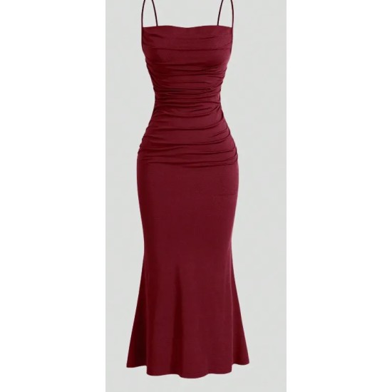 Women Fashion Sexy Solid Color Pleated Spaghetti Strap Slim Fit Dress