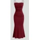 Women Fashion Sexy Solid Color Pleated Spaghetti Strap Slim Fit Dress