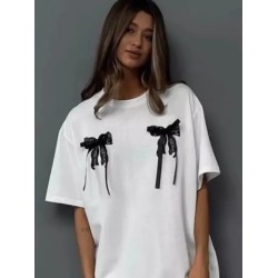 Summer Three-Dimensional Bow Lace Decorative Chic Simple Style Casual Short-Sleeved T-Shirt