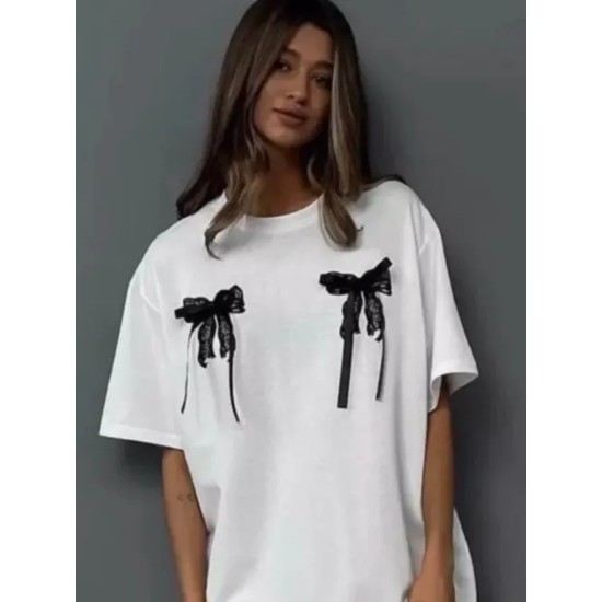 Summer Three-Dimensional Bow Lace Decorative Chic Simple Style Casual Short-Sleeved T-Shirt