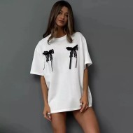 Summer Three-Dimensional Bow Lace Decorative Chic Simple Style Casual Short-Sleeved T-Shirt