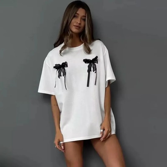 Summer Three-Dimensional Bow Lace Decorative Chic Simple Style Casual Short-Sleeved T-Shirt