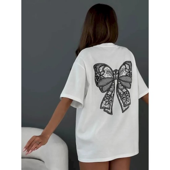 Summer Three-Dimensional Bow Lace Decorative Chic Simple Style Casual Short-Sleeved T-Shirt