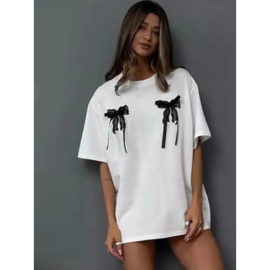 Summer Three-Dimensional Bow Lace Decorative Chic Simple Style Casual Short-Sleeved T-Shirt