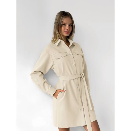 Women Fashion Solid Color Lapel Long Sleeve Dress