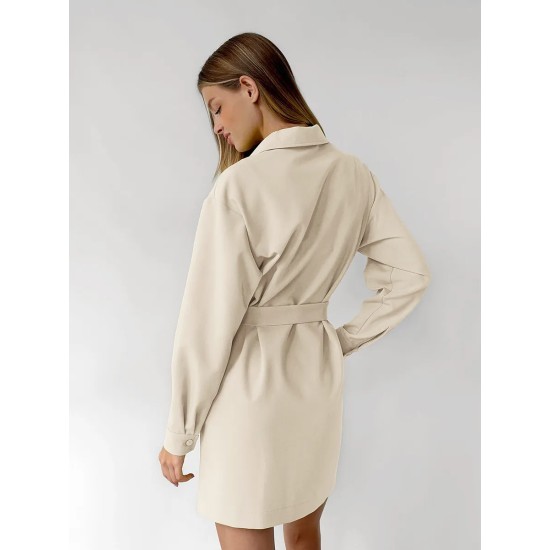 Women Fashion Solid Color Lapel Long Sleeve Dress