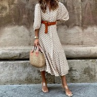 Women Fashion Casual Printed V-Neck Long-Sleeve Loose Dress