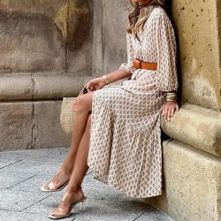 Women Fashion Casual Printed V-Neck Long-Sleeve Loose Dress