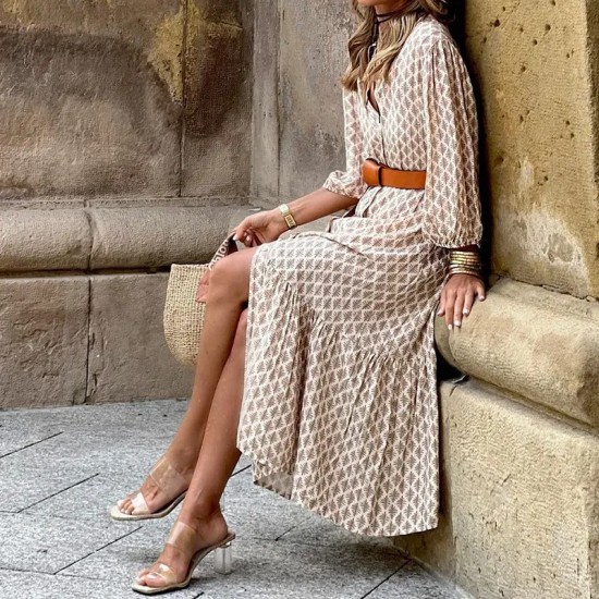 Women Fashion Casual Printed V-Neck Long-Sleeve Loose Dress