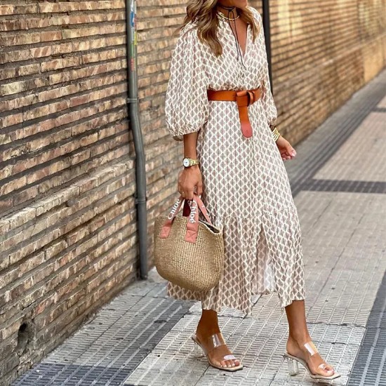 Women Fashion Casual Printed V-Neck Long-Sleeve Loose Dress