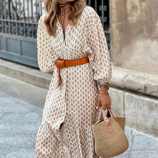 Women Fashion Casual Printed V-Neck Long-Sleeve Loose Dress