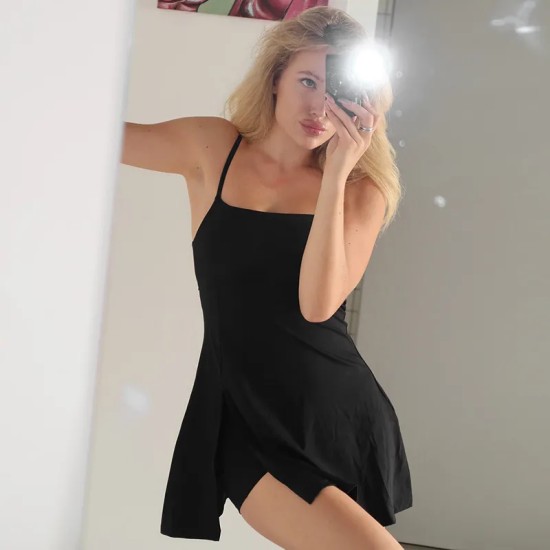 Women Fashion Sexy Solid Color Spaghetti Strap Backless Slim Fit Dress