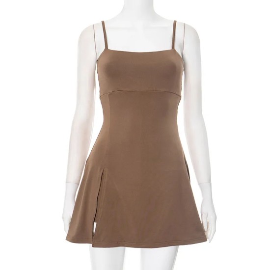 Women Fashion Sexy Solid Color Spaghetti Strap Backless Slim Fit Dress