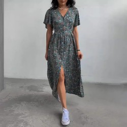 Women Fashion Casual Floral Printed V-Neck Mid-Sleeve Loose Dress