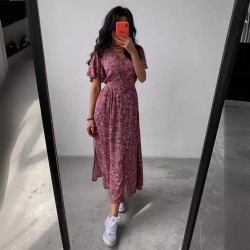 Women Fashion Casual Floral Printed V-Neck Mid-Sleeve Loose Dress
