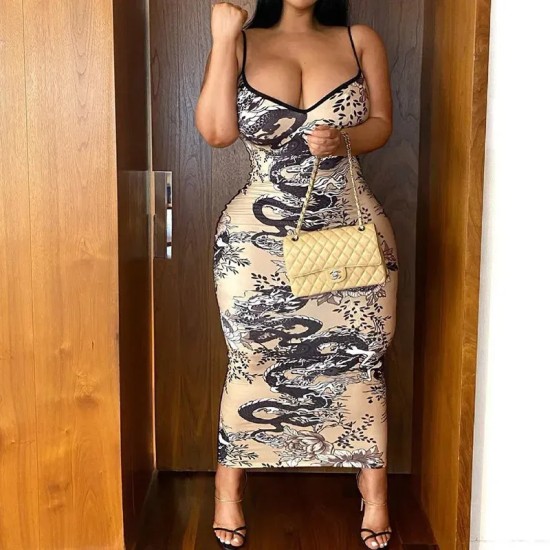 Women Sexy Print Sling Bodycon Maxi Dress