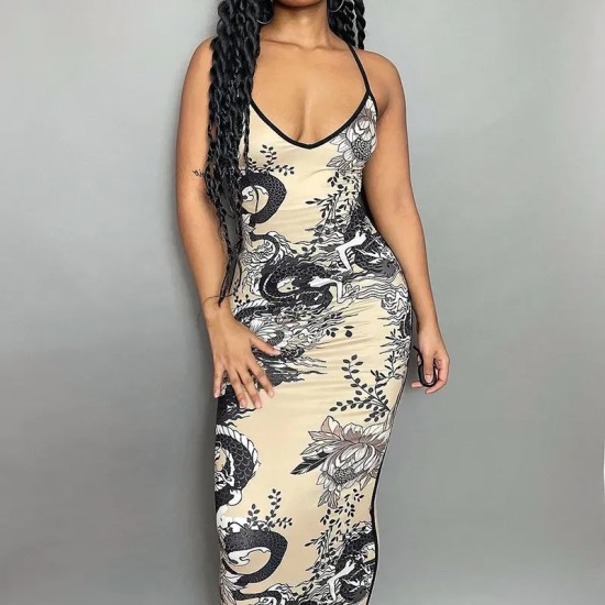 Women Sexy Print Sling Bodycon Maxi Dress