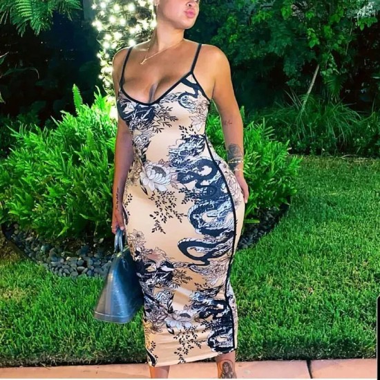 Women Sexy Print Sling Bodycon Maxi Dress