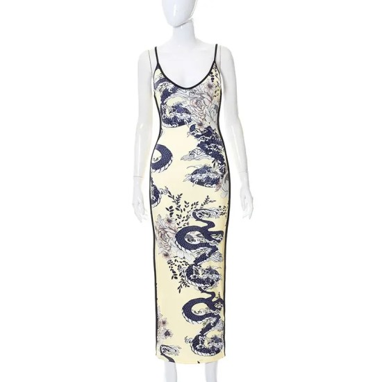 Women Sexy Print Sling Bodycon Maxi Dress