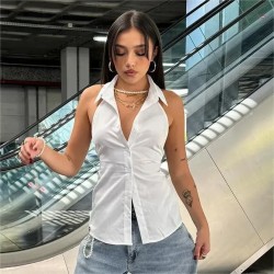 Women Fashion Sexy Solid Color Halter-Neck Sleeveless Backless Lace-Up Blouse