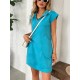Women Casual Solid Color Lapel Zipper Short Sleeve Pocket Loose Dress