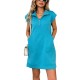 Women Casual Solid Color Lapel Zipper Short Sleeve Pocket Loose Dress
