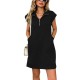 Women Casual Solid Color Lapel Zipper Short Sleeve Pocket Loose Dress