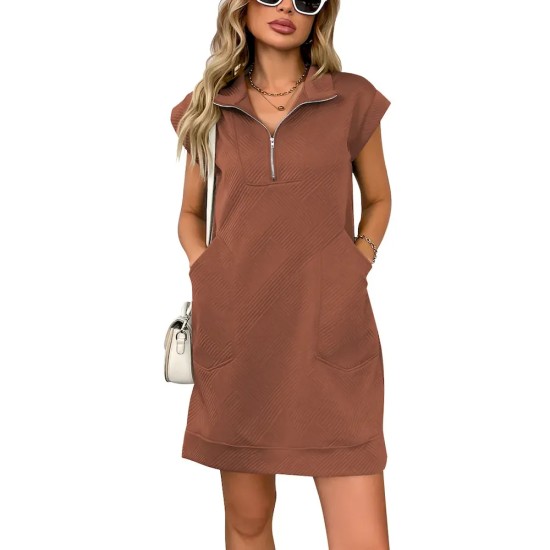 Women Casual Solid Color Lapel Zipper Short Sleeve Pocket Loose Dress