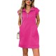 Women Casual Solid Color Lapel Zipper Short Sleeve Pocket Loose Dress