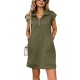 Women Casual Solid Color Lapel Zipper Short Sleeve Pocket Loose Dress