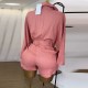 Women Summer Casual Lapel Bat Sleeve Shirt High Waist Half-Length Shorts Two-Piece Set