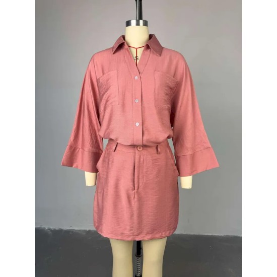 Women Summer Casual Lapel Bat Sleeve Shirt High Waist Half-Length Shorts Two-Piece Set