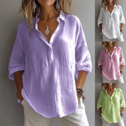Spring And Summer Women Solid Color Casual Loose Plus Size V-Neck Long Sleeve Blouse