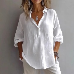 Spring And Summer Women Solid Color Casual Loose Plus Size V-Neck Long Sleeve Blouse