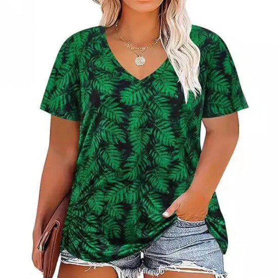Women Casual Plus Size Printed V-Neck Short-Sleeve T-Shirt