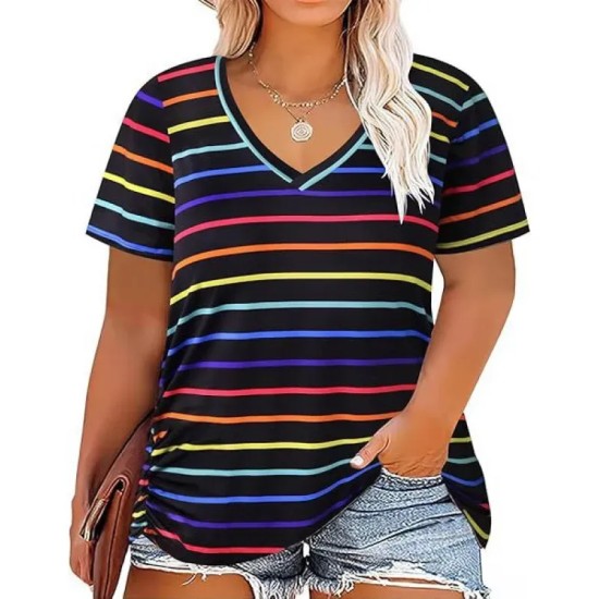 Women Casual Plus Size Printed V-Neck Short-Sleeve T-Shirt