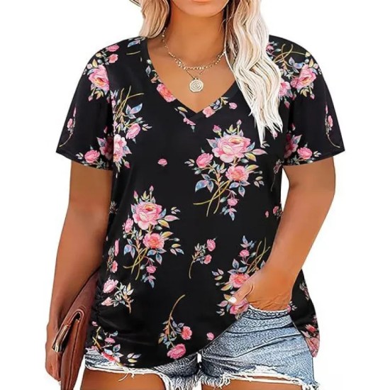 Women Casual Plus Size Printed V-Neck Short-Sleeve T-Shirt