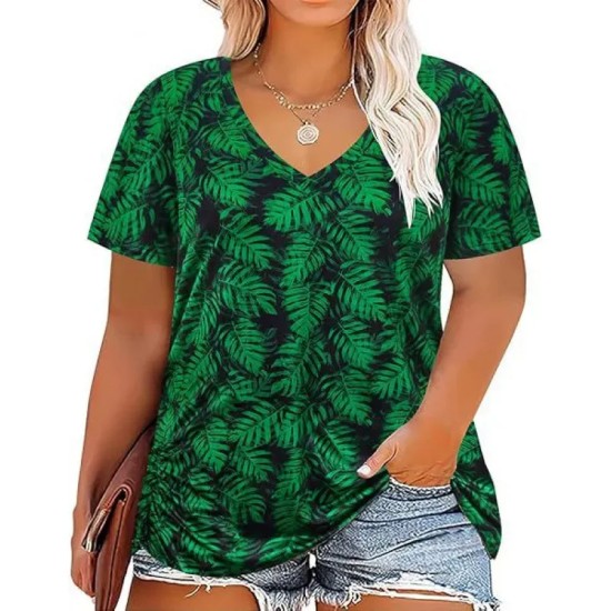 Women Casual Plus Size Printed V-Neck Short-Sleeve T-Shirt