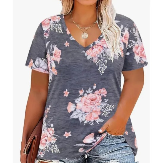Women Casual Plus Size Printed V-Neck Short-Sleeve T-Shirt