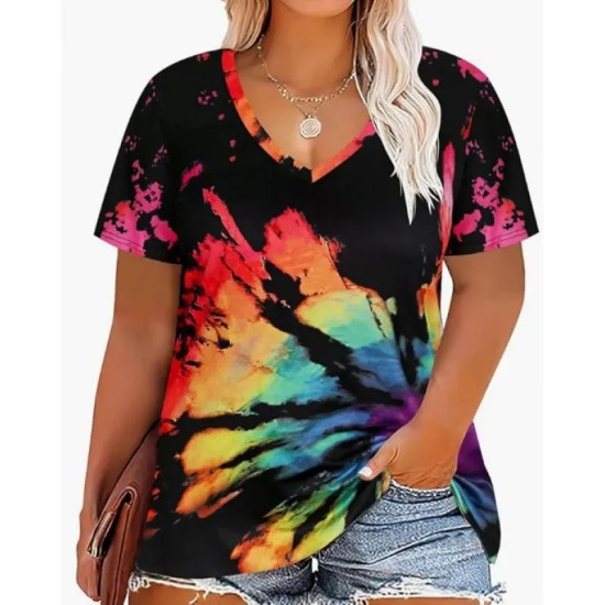 Women Casual Plus Size Printed V-Neck Short-Sleeve T-Shirt