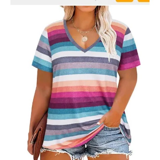 Women Casual Plus Size Printed V-Neck Short-Sleeve T-Shirt
