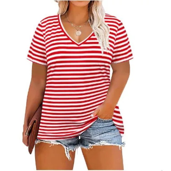 Women Casual Plus Size Printed V-Neck Short-Sleeve T-Shirt