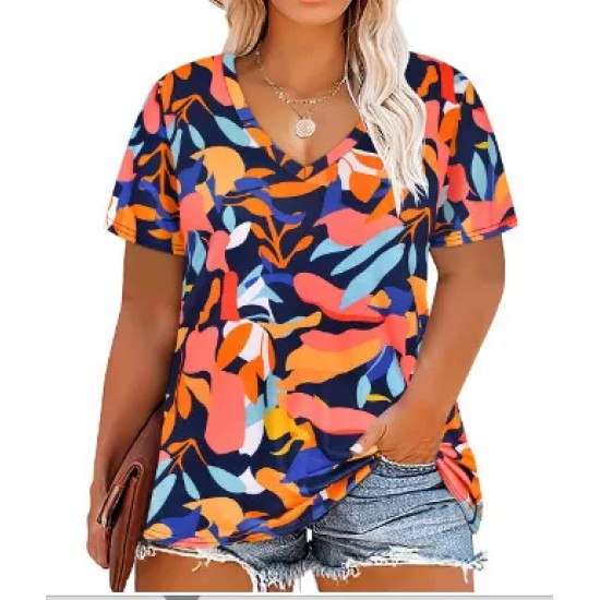 Women Casual Plus Size Printed V-Neck Short-Sleeve T-Shirt