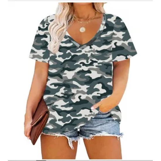 Women Casual Plus Size Printed V-Neck Short-Sleeve T-Shirt